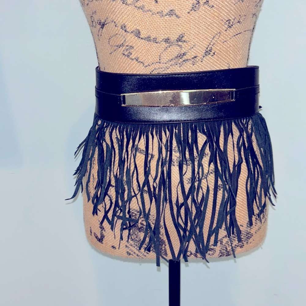 Vintage 90s BEBE fringe stretch belt gold bar faux leather P/S stretchy black